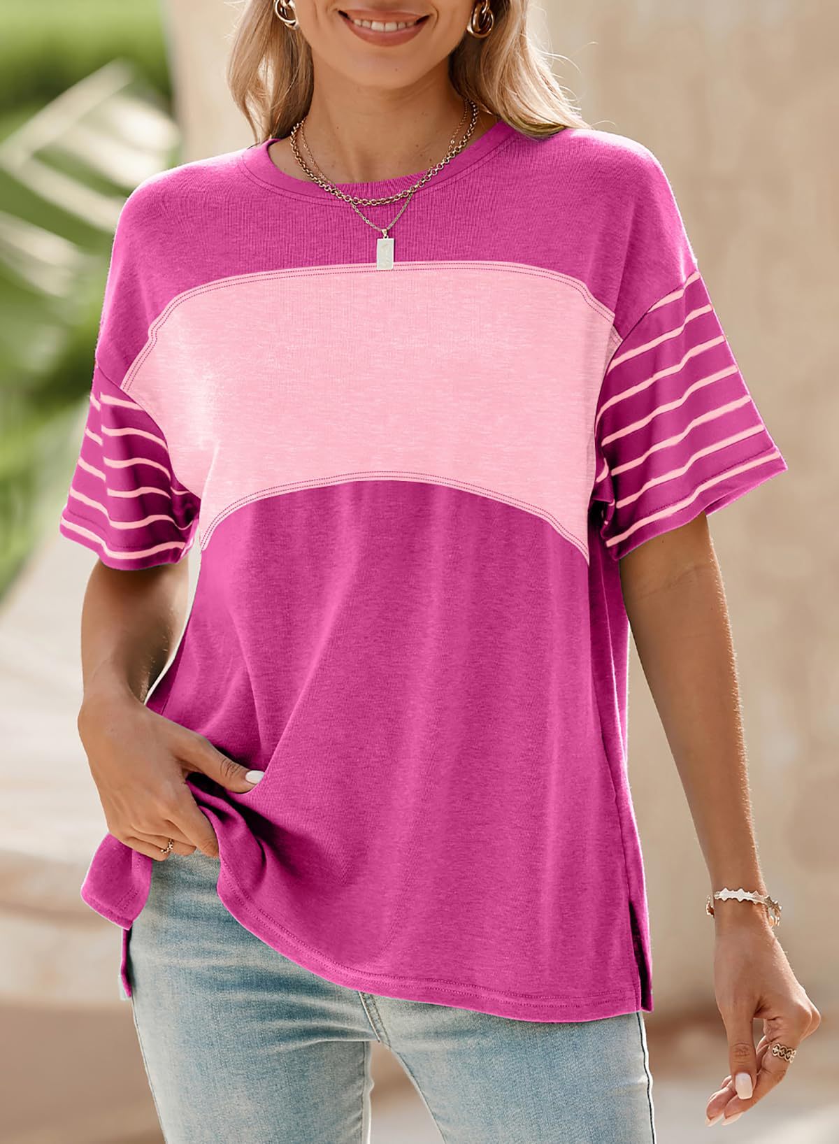 Hot Sale-Womens Oversized Crewneck Casual Color Block Striped Shirts Blouses