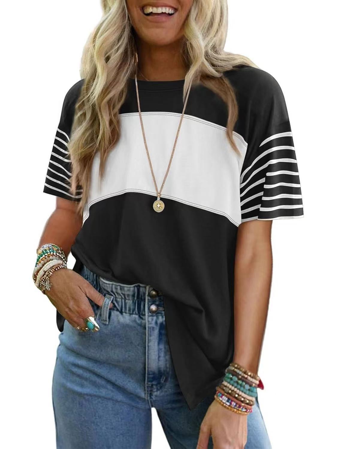 Hot Sale-Womens Oversized Crewneck Casual Color Block Striped Shirts Blouses