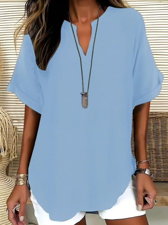 🌿 Effortless Elegance V-Neck Short Sleeve Blouse - Lightweight Comfort for Every Occasion ✨