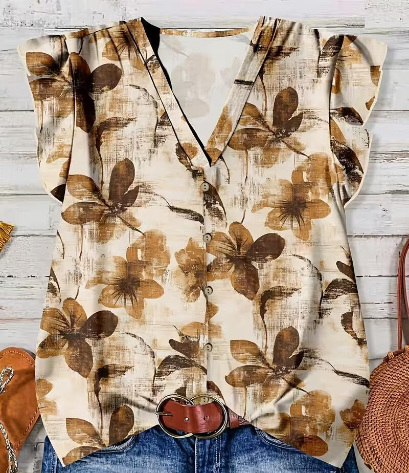 Women's V-Neck Floral Print Button-Down Blouse