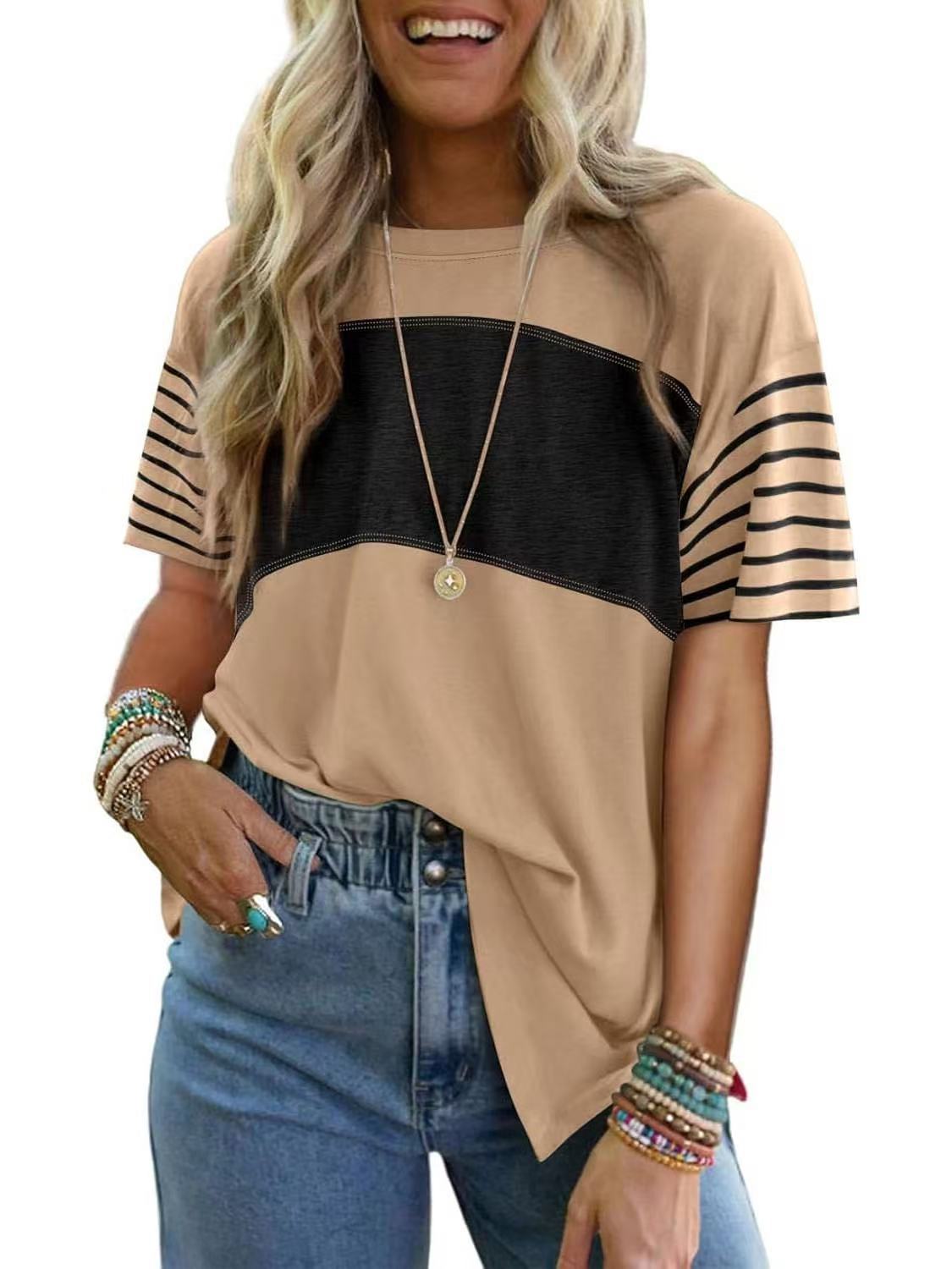 Hot Sale-Womens Oversized Crewneck Casual Color Block Striped Shirts Blouses