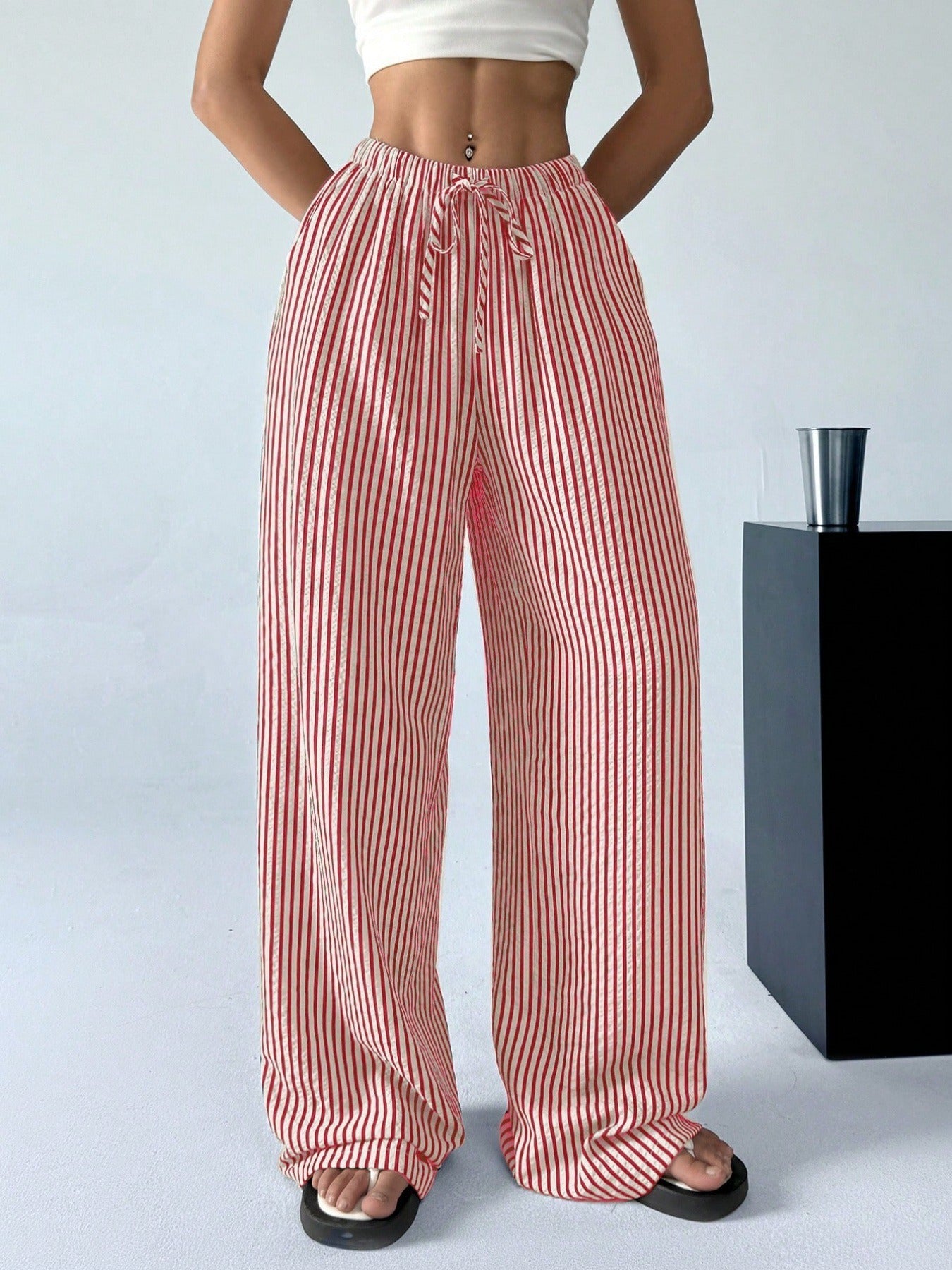 🛒High-Waist Striped Lounge Pants - Breathable Wide-Leg Trousers for Vacation & Daily Wear ✨