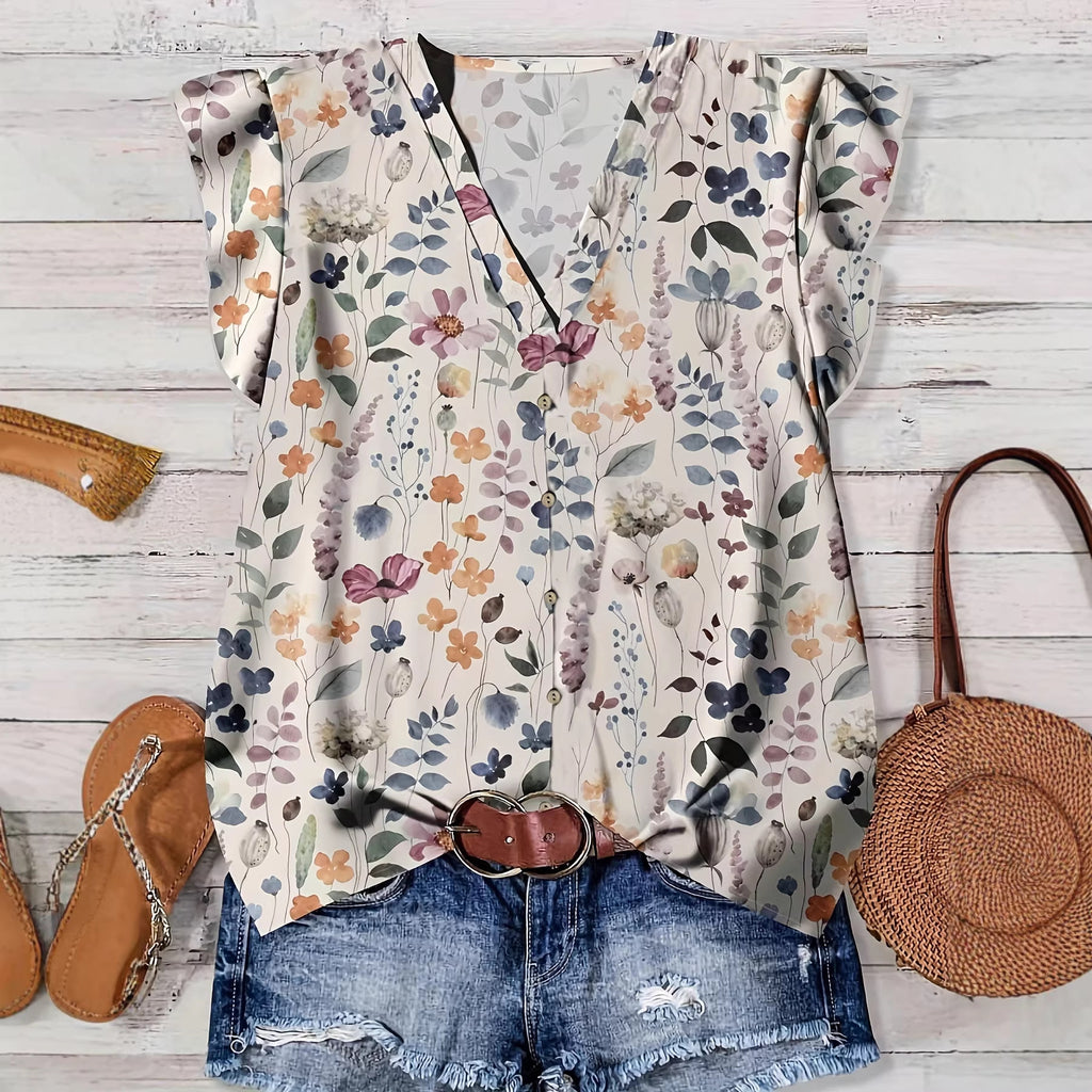 Women's V-Neck Floral Print Button-Down Blouse