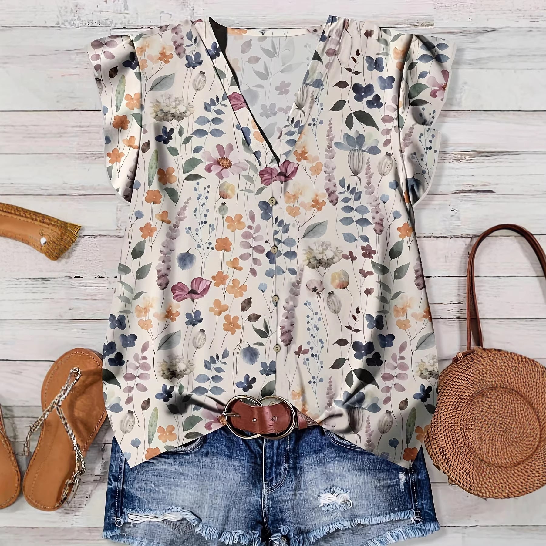 Women's V-Neck Floral Print Button-Down Blouse