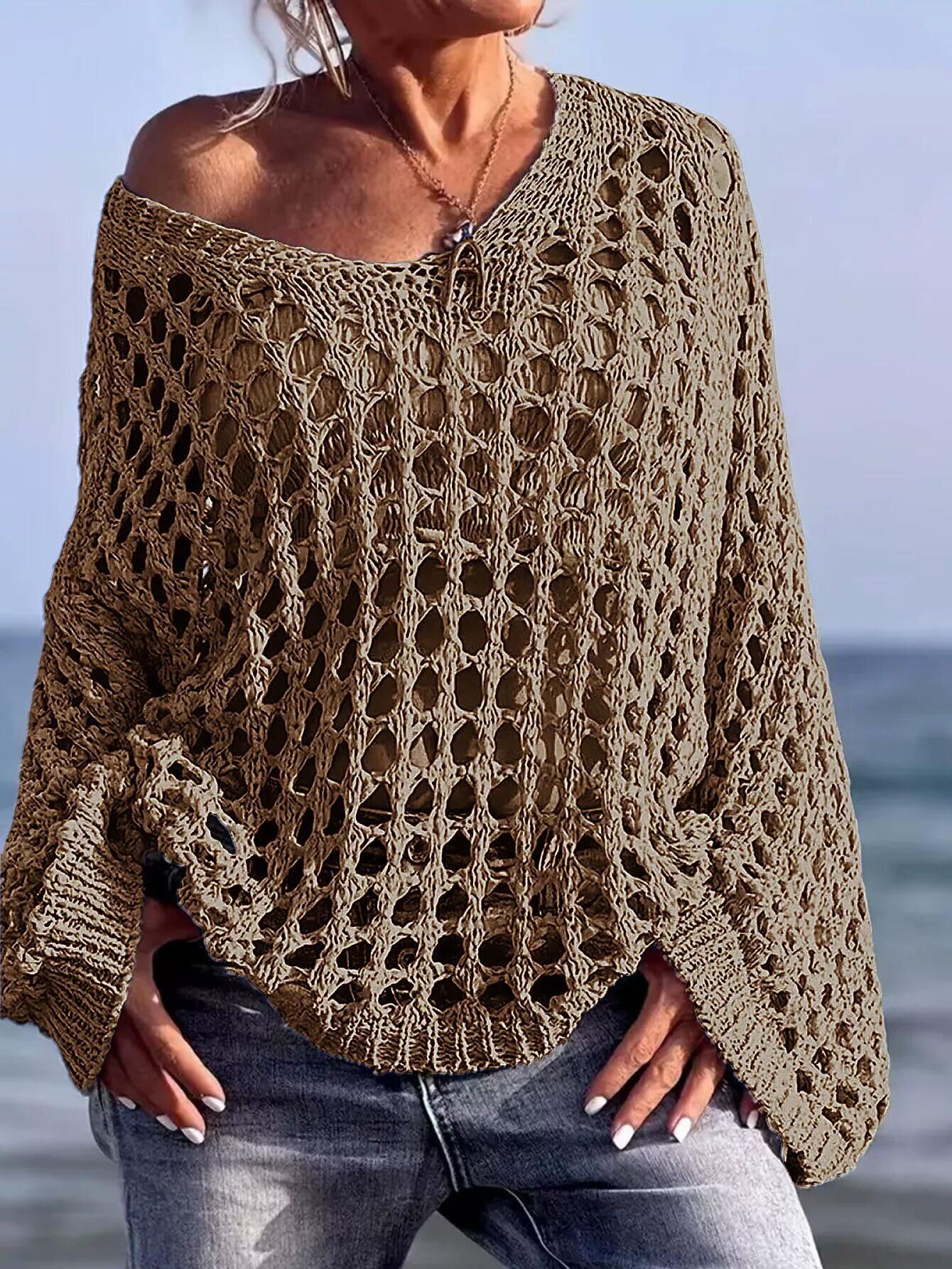 Bohemian Chic V-Neck Mesh Knit Sweater