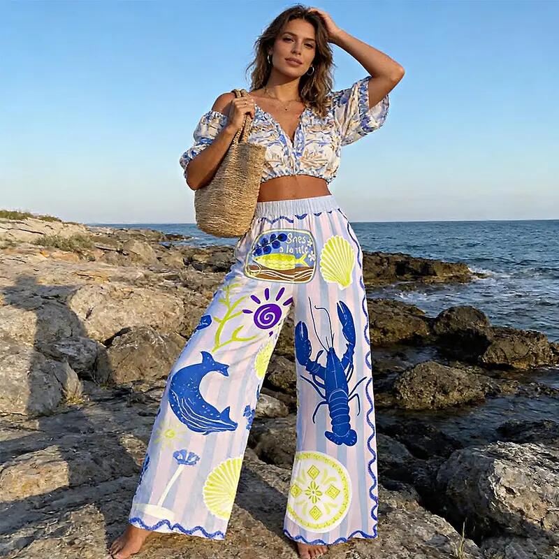 The Ultimate Vacation Aesthetic: Quirky Lobster Print Palazzo Pants | Breathable & Stretchy 🐚🍹