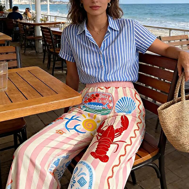 The Ultimate Vacation Aesthetic: Quirky Lobster Print Palazzo Pants | Breathable & Stretchy 🐚🍹