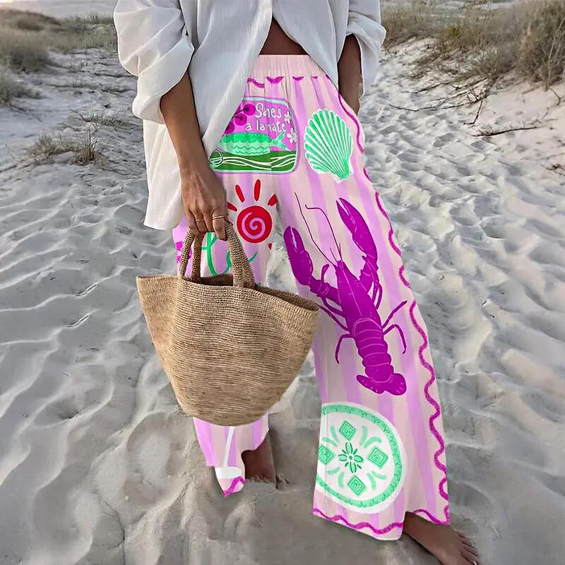 The Ultimate Vacation Aesthetic: Quirky Lobster Print Palazzo Pants | Breathable & Stretchy 🐚🍹