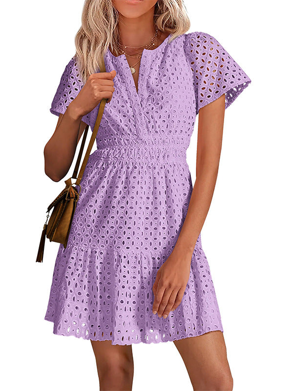 Women V Neck Lace A Line Summer Dress