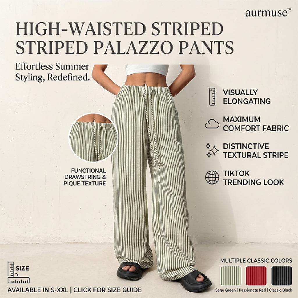 🛒High-Waist Striped Lounge Pants - Breathable Wide-Leg Trousers for Vacation & Daily Wear ✨