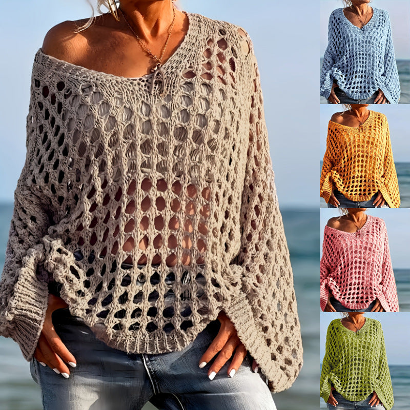 Bohemian Chic V-Neck Mesh Knit Sweater