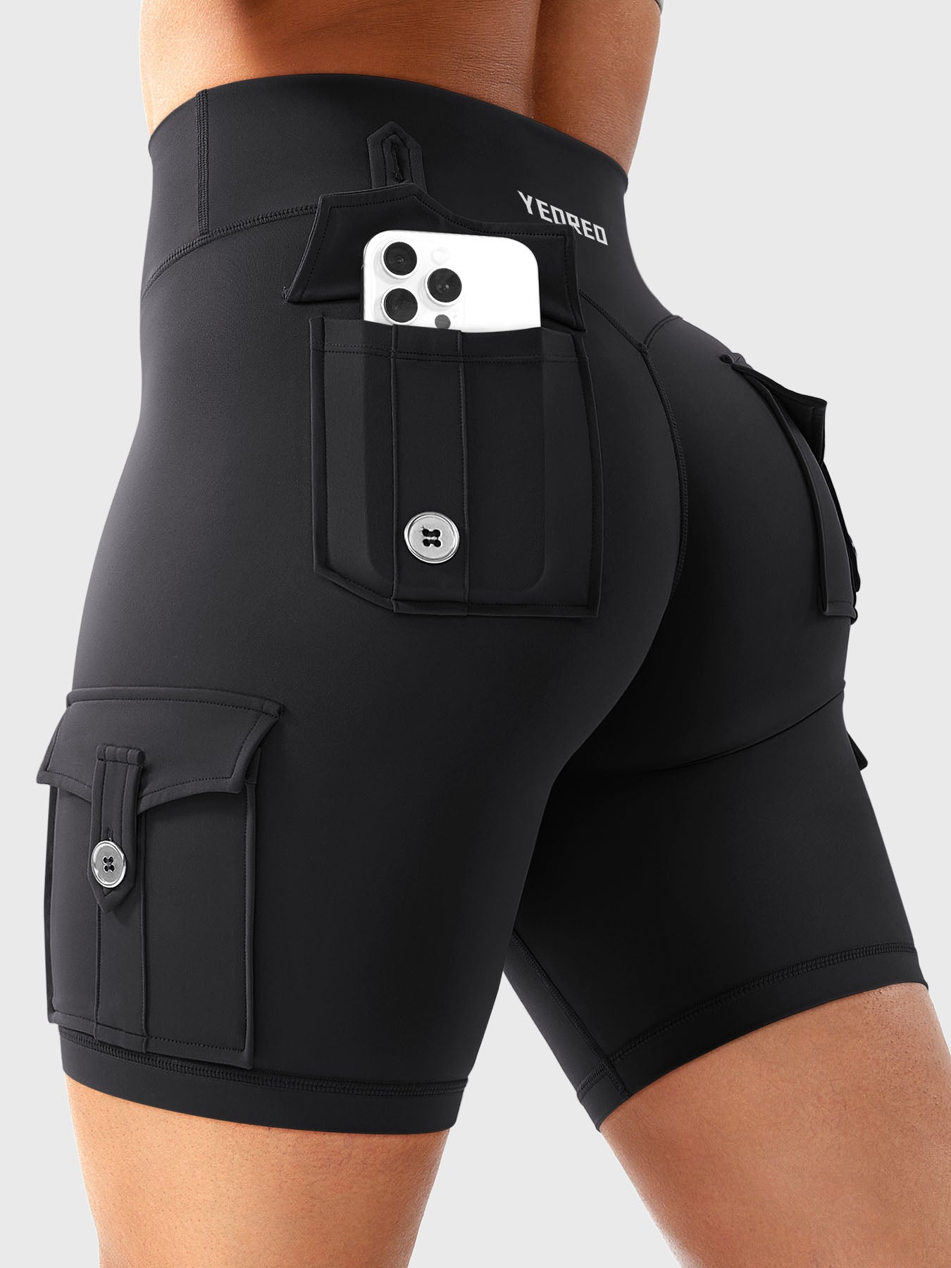 High Waist Cargo Yoga Shorts – Button Pockets, Butt Lift &amp; Ultra-Breathable