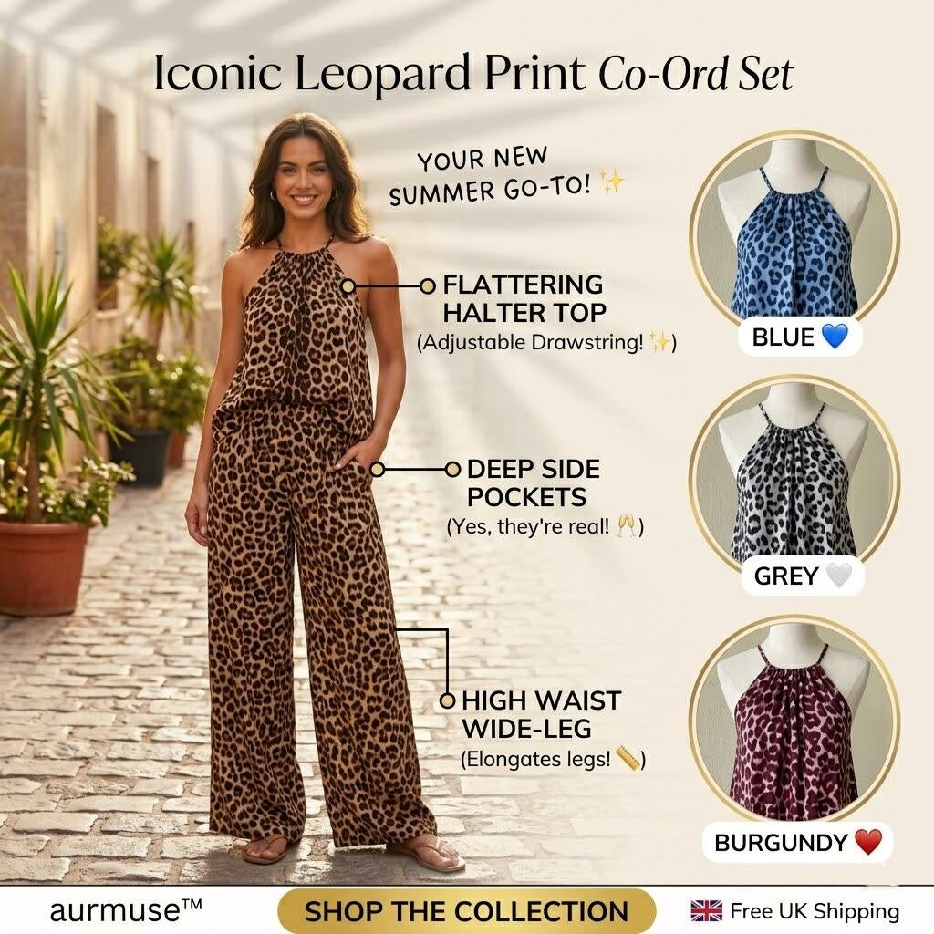 ✨ (50% OFF!) 2026 New In: Women's Leopard Print 2-Piece Co-Ord Set - Sleeveless Halter Top & Wide Leg Trousers for UK Summer, Vacation & Casual Wear