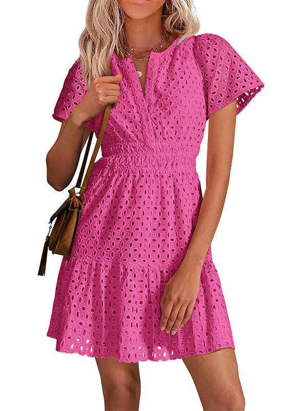 Women V Neck Lace A Line Summer Dress