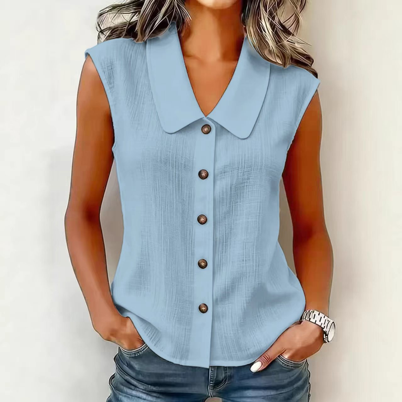 Women's Elegant Collared Sleeveless Button Down Blouse, Casual Textured Tank Shirt Top
