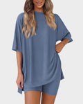 Casual Oversized 2-Piece Lounge Set – Crewneck Split Hem Top &amp; Fitted Shorts
