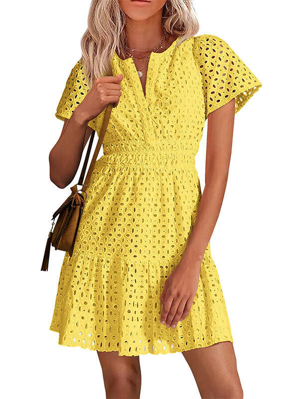 Women V Neck Lace A Line Summer Dress