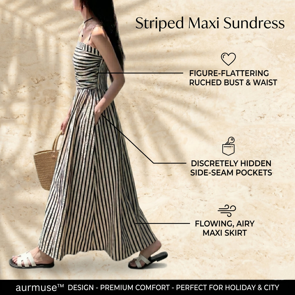 aurmuse™ Serene Striped Maxi Dress - Coastal Ruched Camisole Gown 🏖️