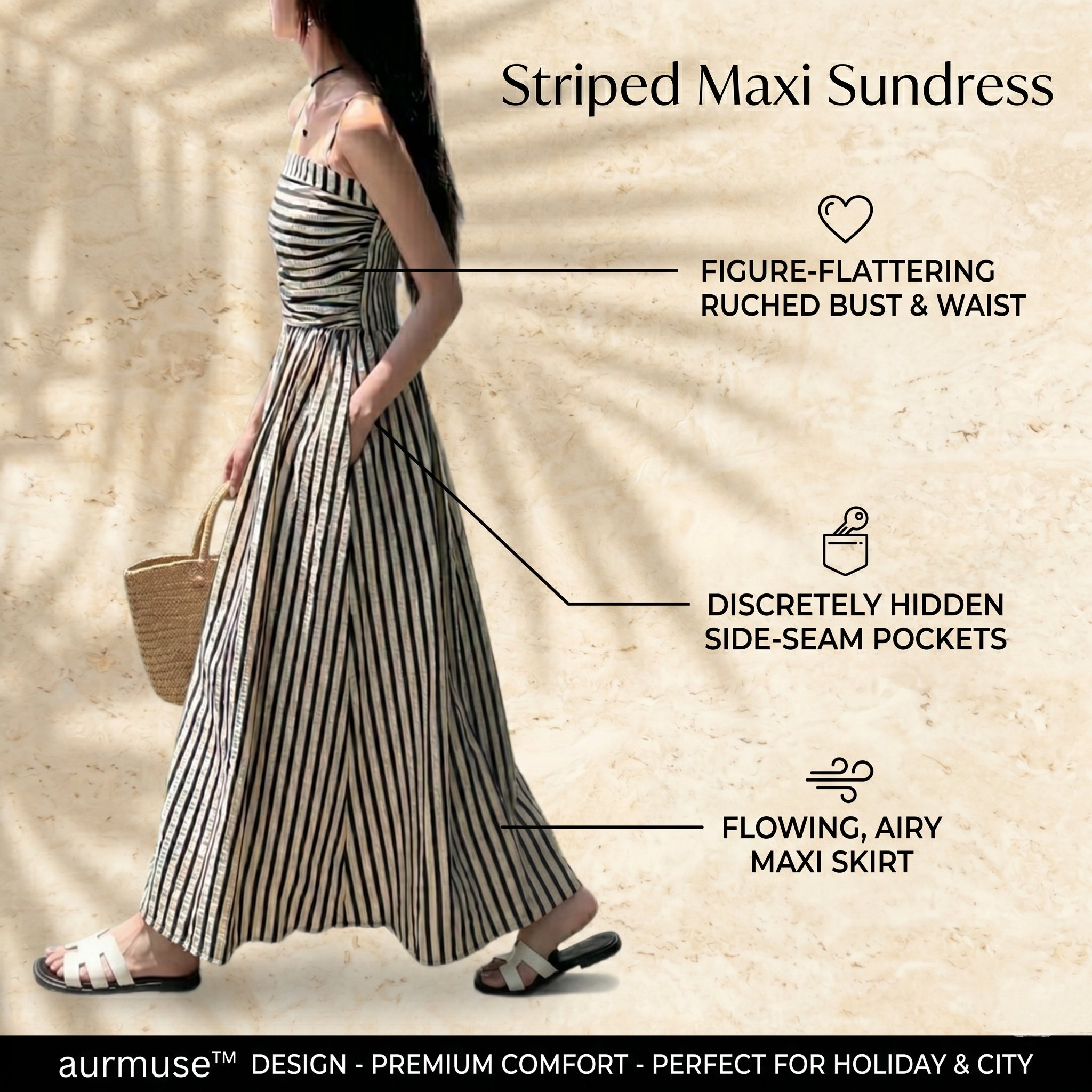 aurmuse™ Serene Striped Maxi Dress - Coastal Ruched Camisole Gown 🏖️