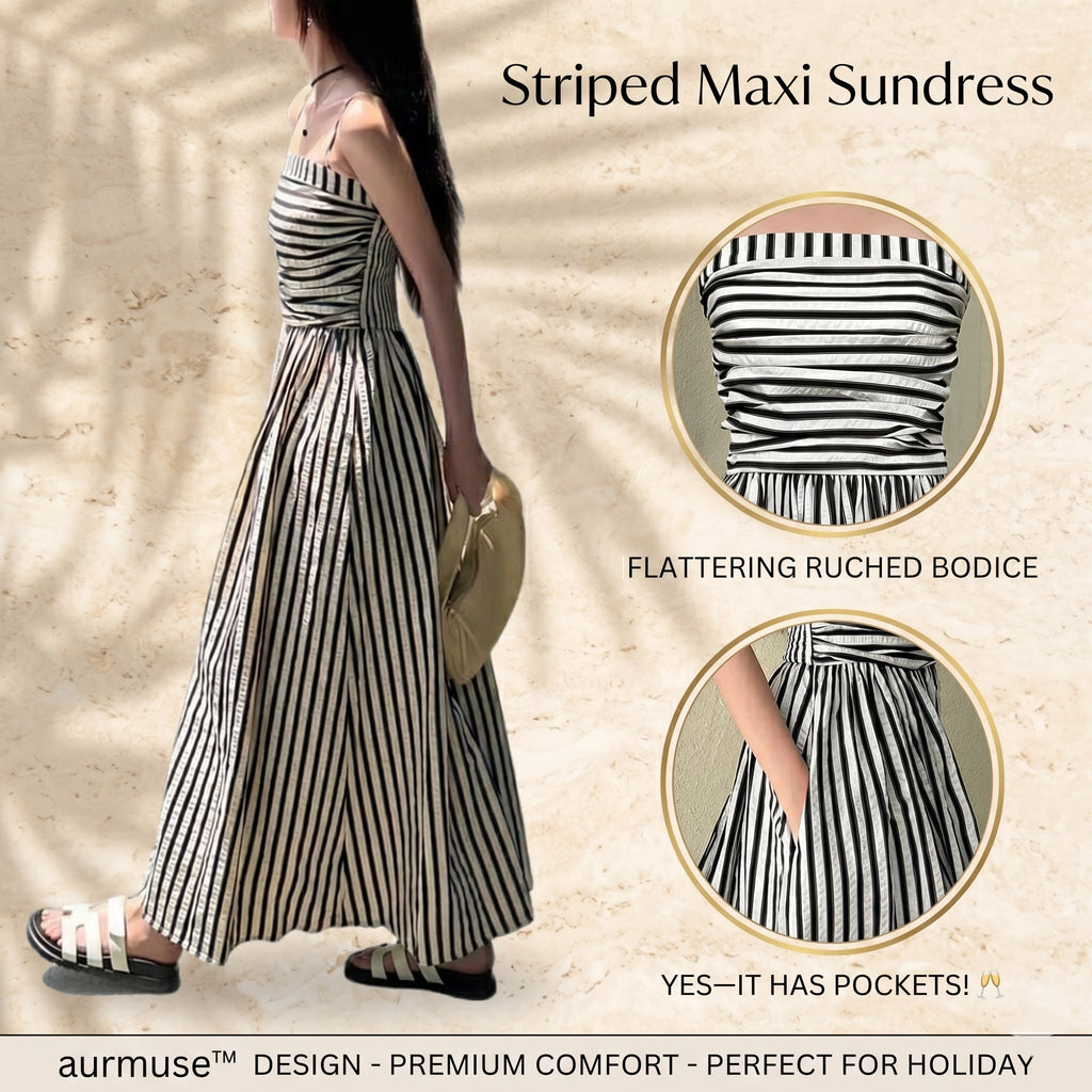 aurmuse™ Serene Striped Maxi Dress - Coastal Ruched Camisole Gown 🏖️