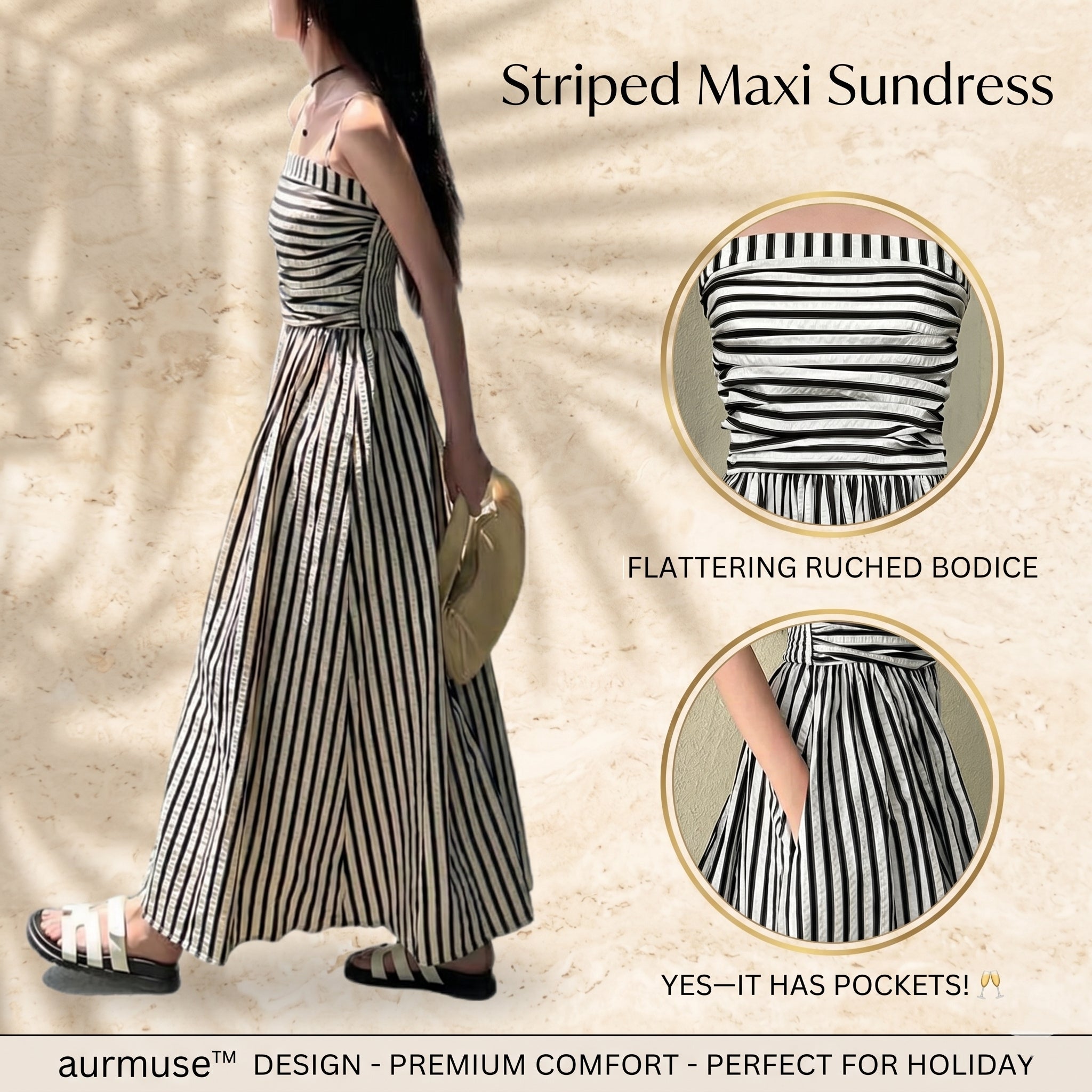 aurmuse™ Serene Striped Maxi Dress - Coastal Ruched Camisole Gown 🏖️