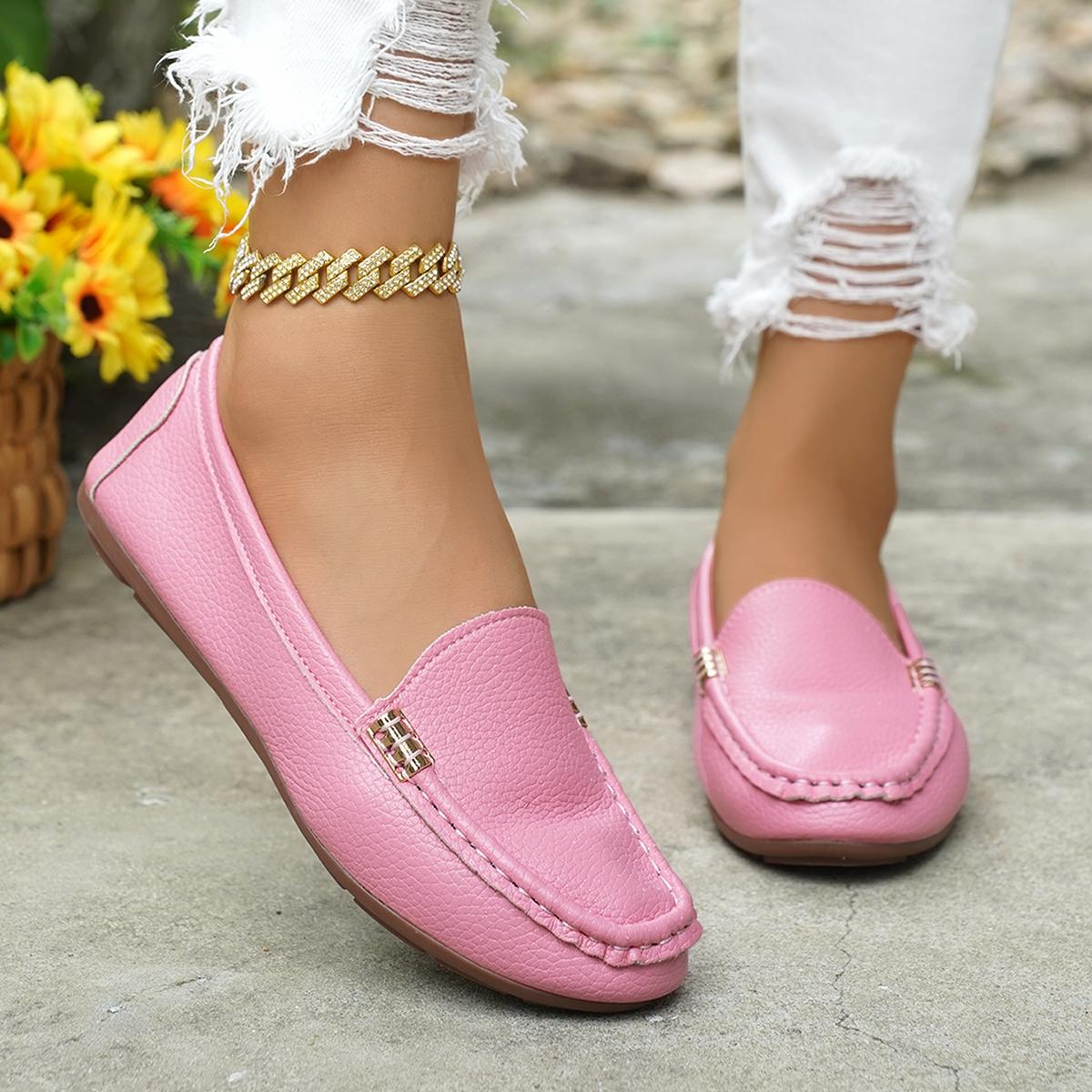 Women's Classic Multicolor Flat Shoes, Stylish Comfortable Casual Footwear, Slip On Flats, Advanced Chic Design with Slanted Metallic Chain Decoration