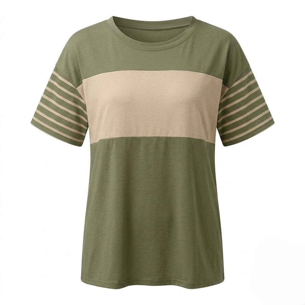 Hot Sale-Womens Oversized Crewneck Casual Color Block Striped Shirts Blouses