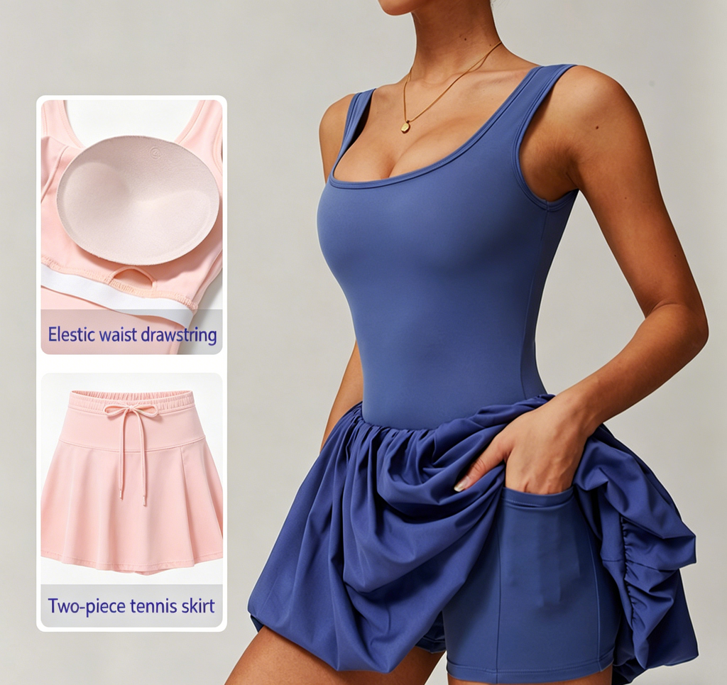 2026 Summer Women's 2-in-1 Tennis Dress with Built-in Bra & Pockets - Breathable 4-Way Stretch Active Dress for Tennis, Golf, Gym & Daily Wear