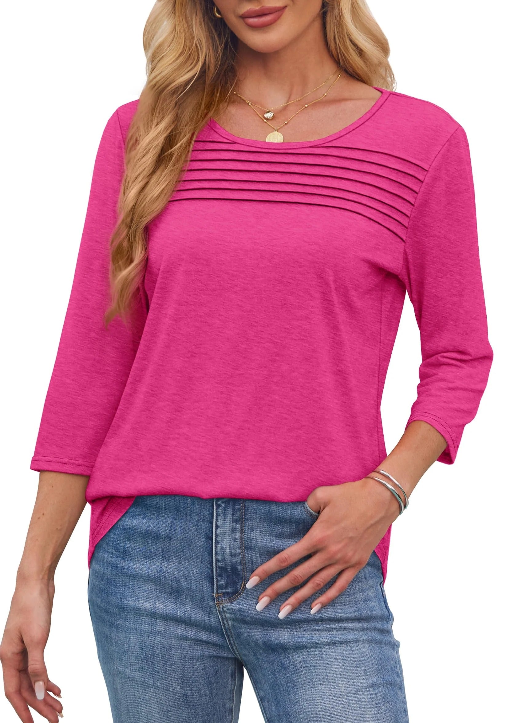 🔥🔥 2025 Women's 3/4 Length Sleeve Top Pleated Front T-Shirt