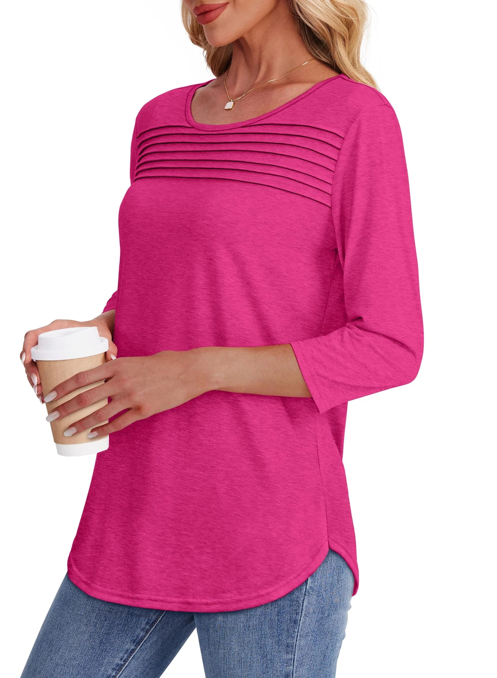 🔥🔥 2025 Women's 3/4 Length Sleeve Top Pleated Front T-Shirt