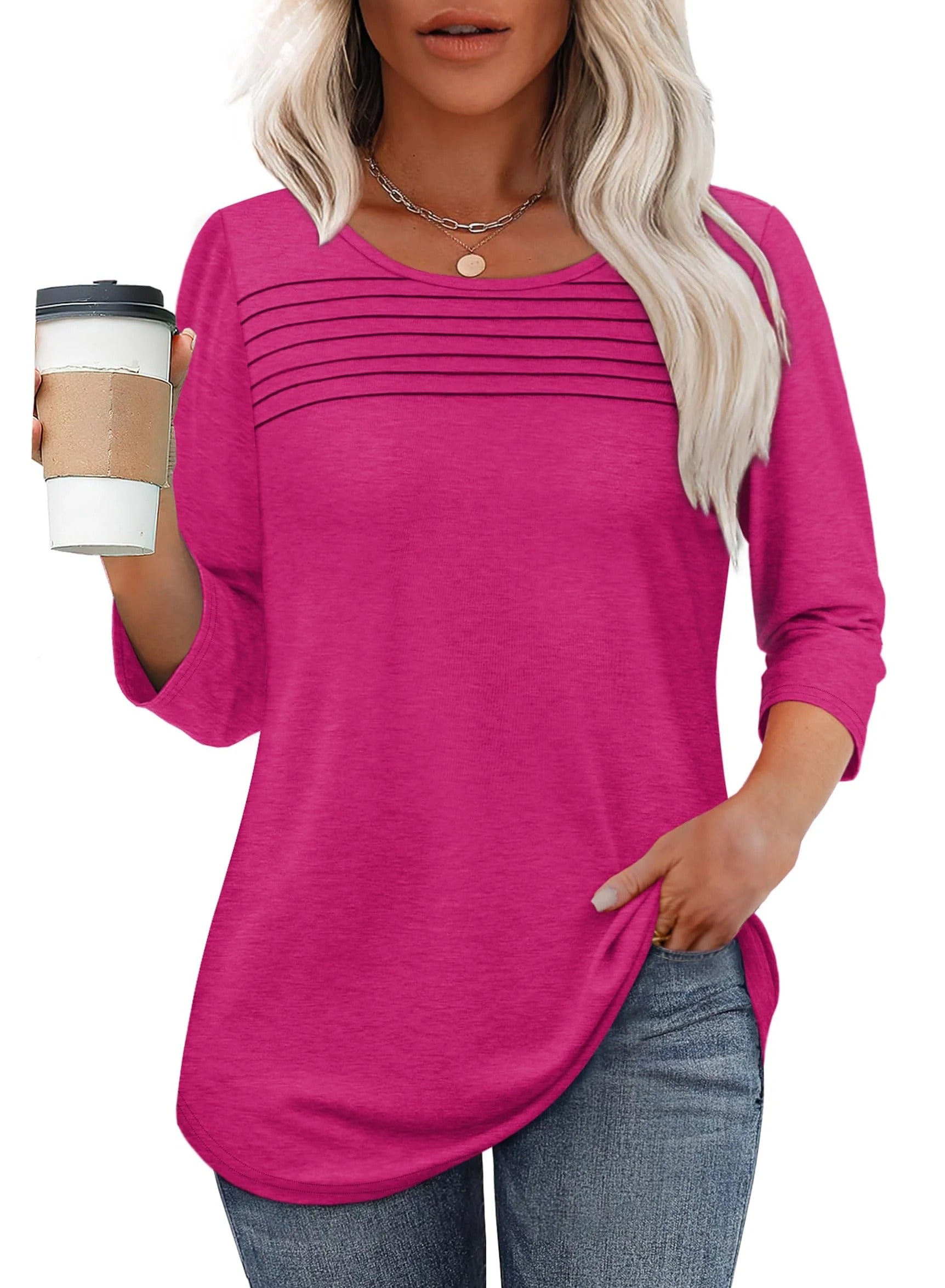 🔥🔥 2025 Women's 3/4 Length Sleeve Top Pleated Front T-Shirt