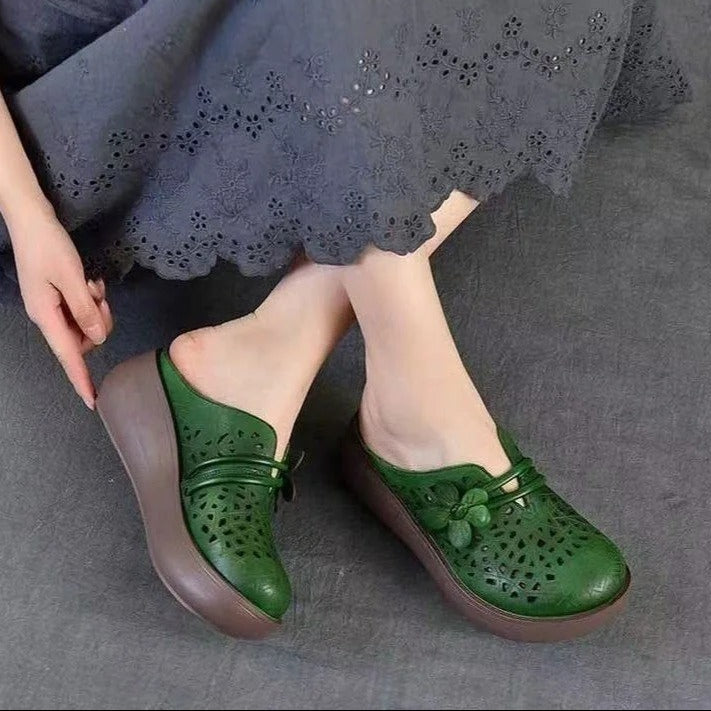 Women's Hollow Leather Wide Toe Box Wedge Sandals