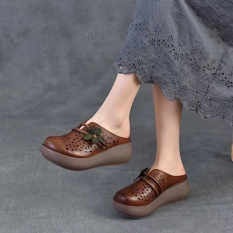 Women's Hollow Leather Wide Toe Box Wedge Sandals