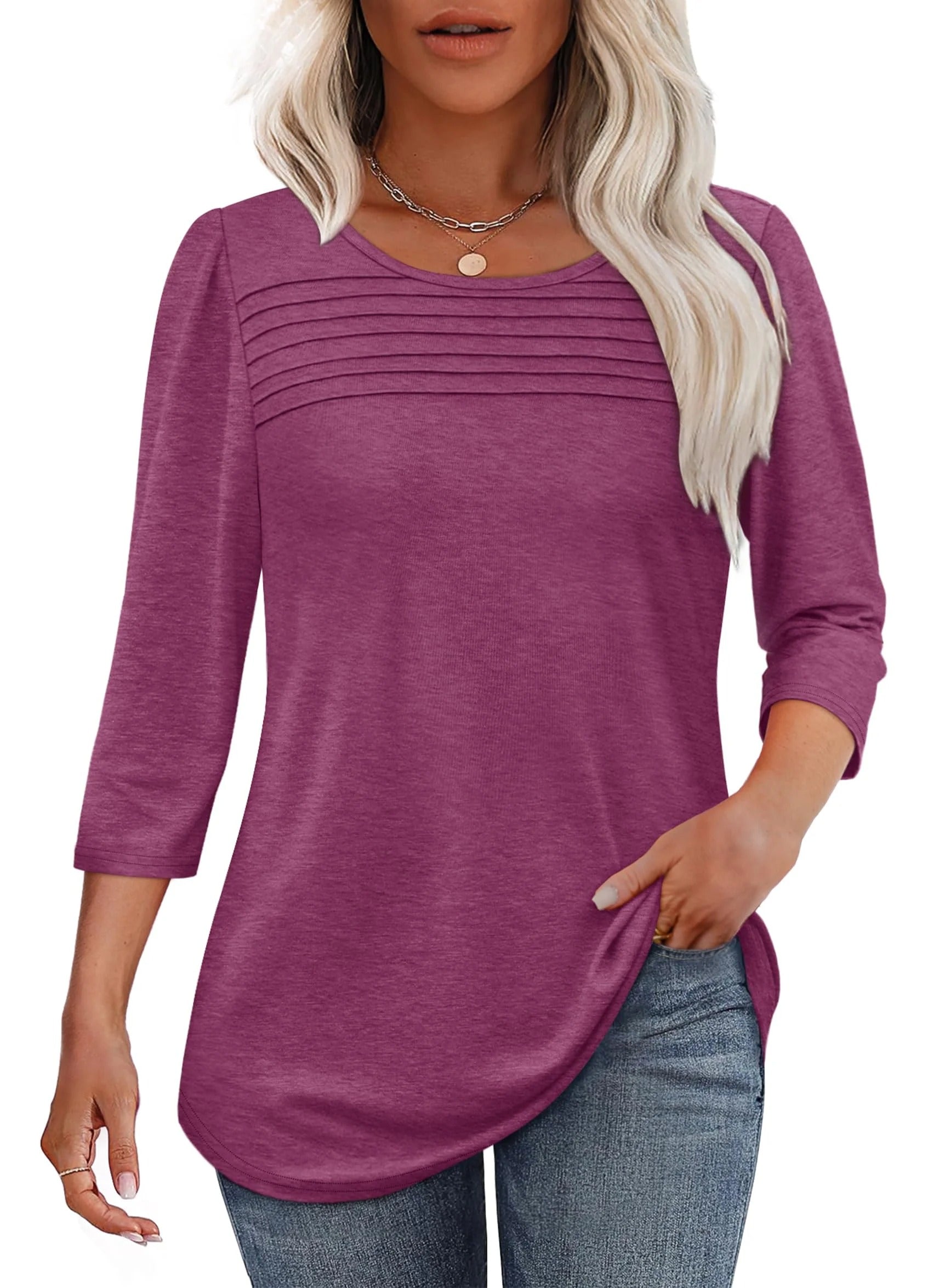 🔥🔥 2025 Women's 3/4 Length Sleeve Top Pleated Front T-Shirt
