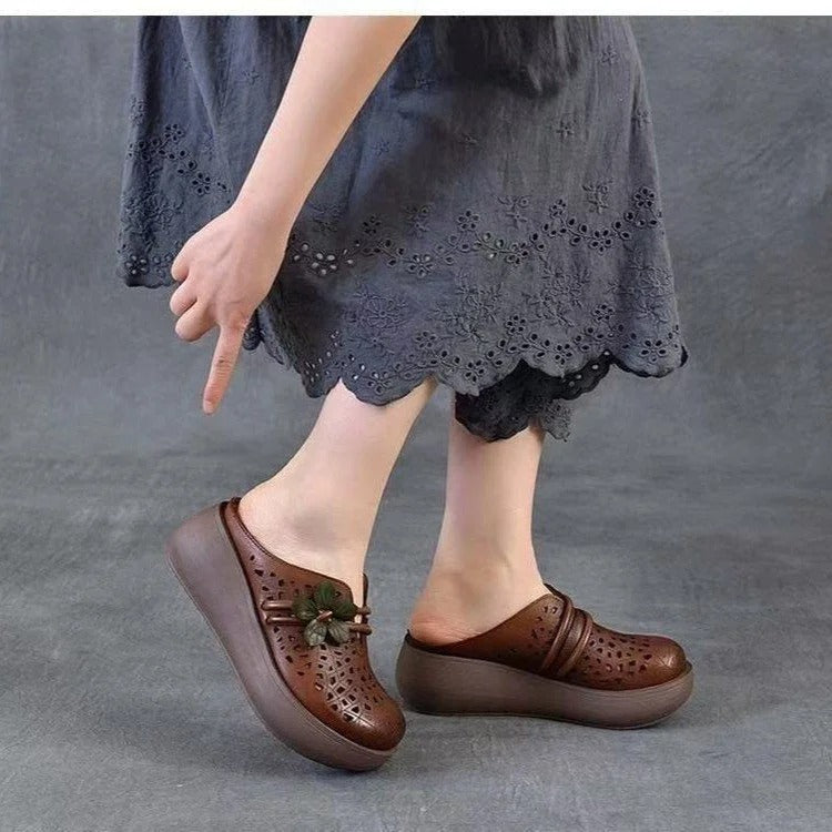 Women's Hollow Leather Wide Toe Box Wedge Sandals