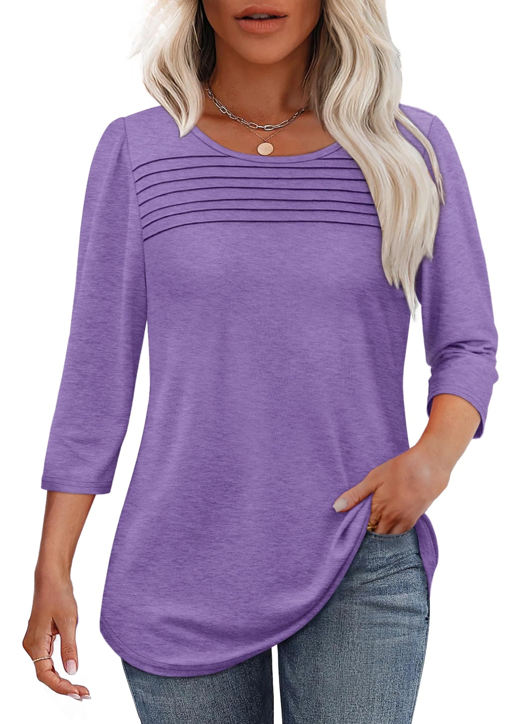 🔥🔥 2025 Women's 3/4 Length Sleeve Top Pleated Front T-Shirt