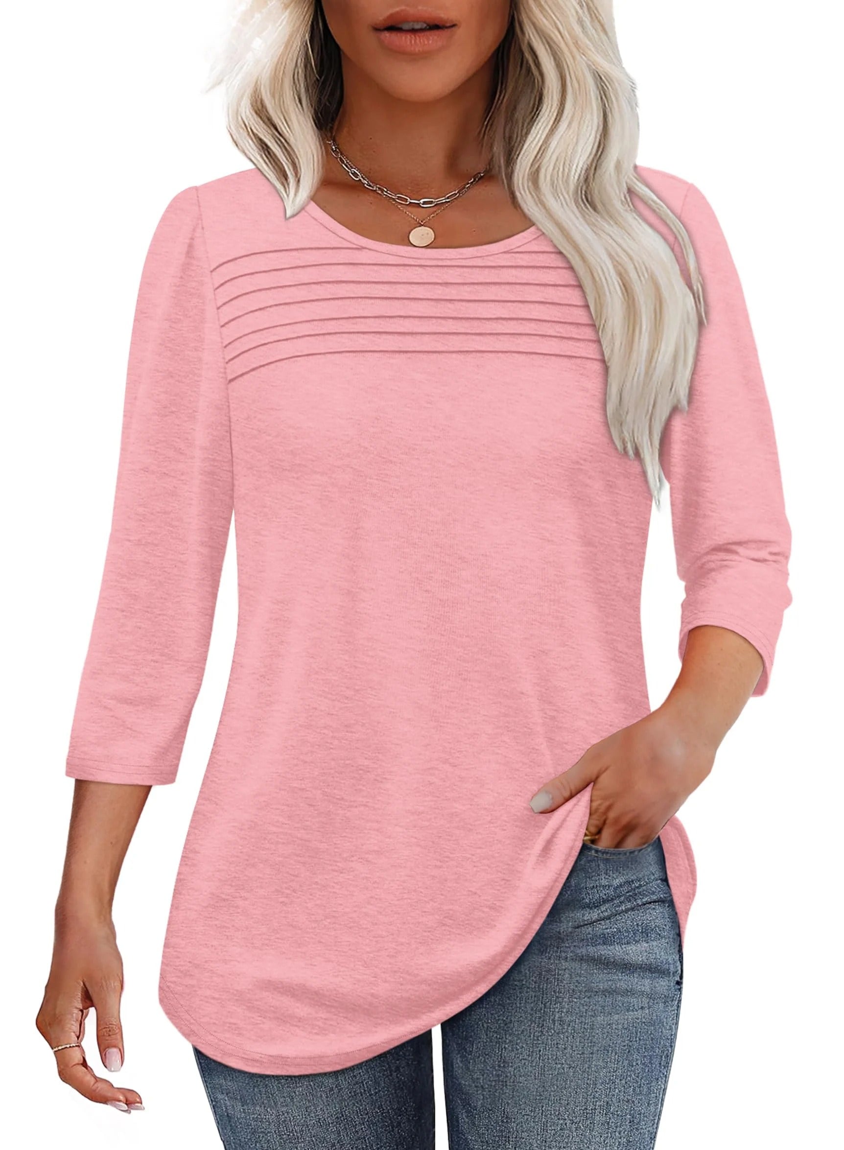🔥🔥 2025 Women's 3/4 Length Sleeve Top Pleated Front T-Shirt