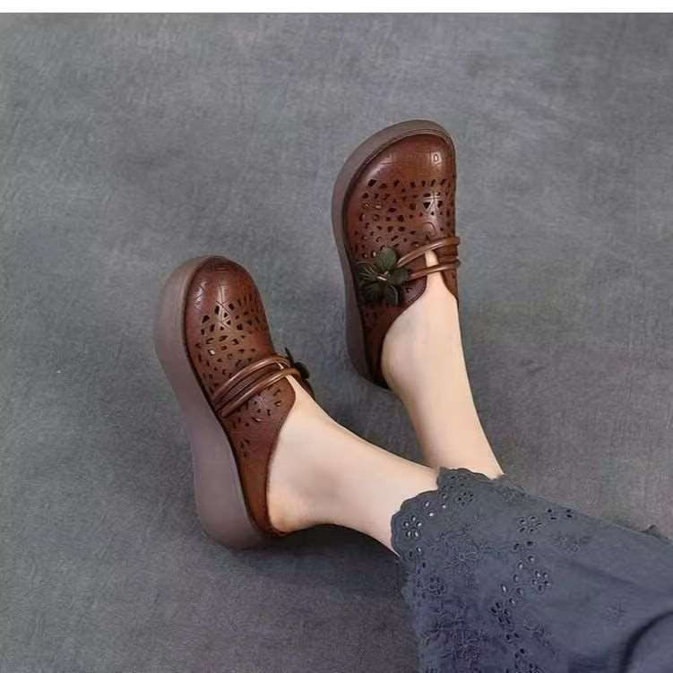 Women's Hollow Leather Wide Toe Box Wedge Sandals