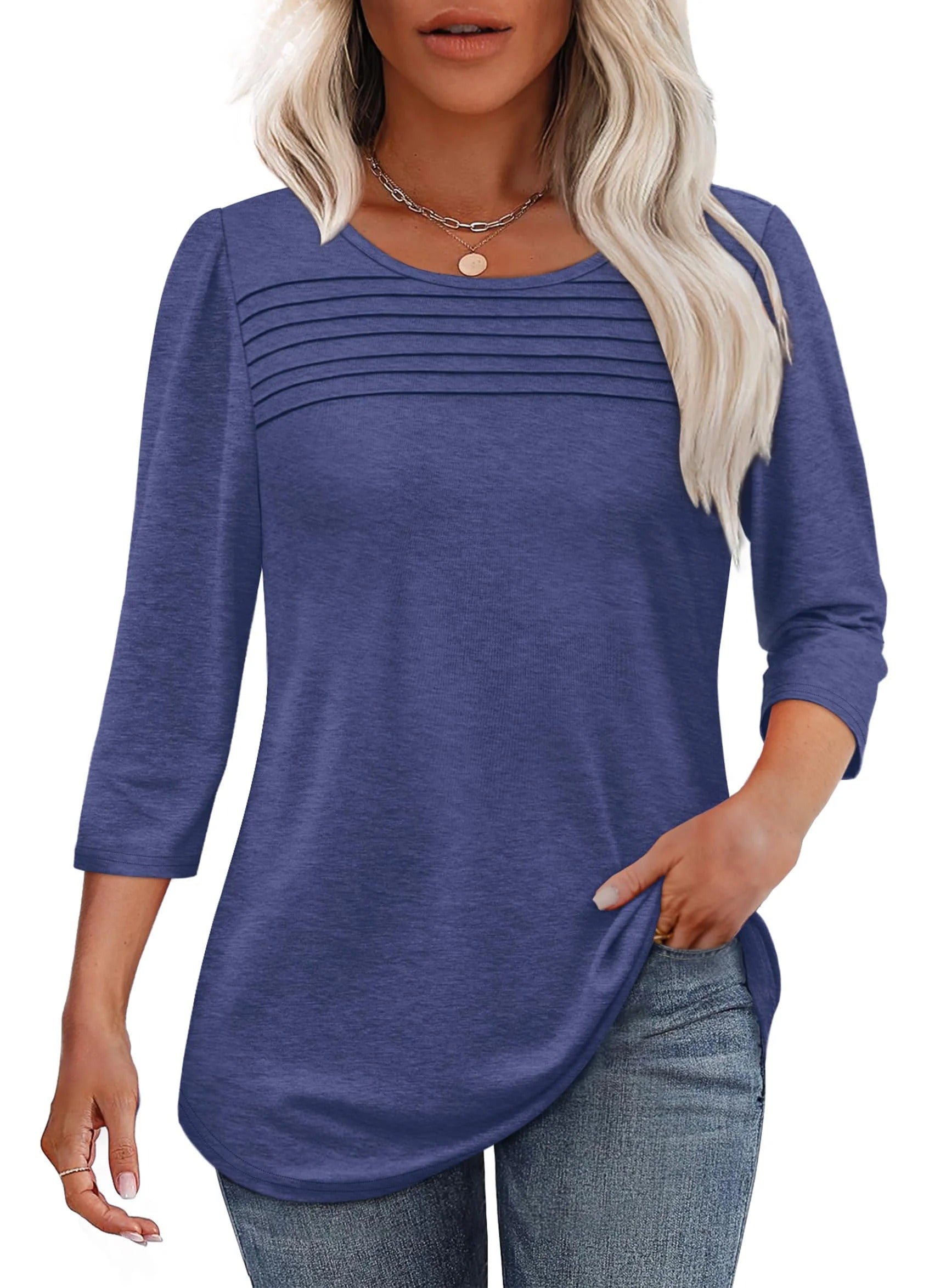 🔥🔥 2025 Women's 3/4 Length Sleeve Top Pleated Front T-Shirt