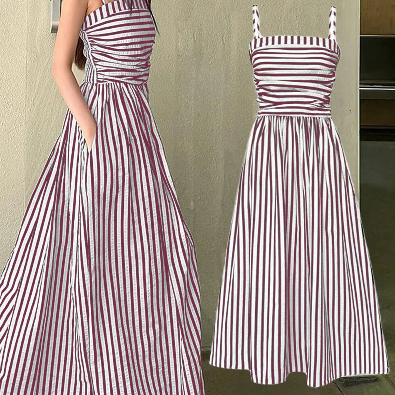 aurmuse™ Serene Striped Maxi Dress - Coastal Ruched Camisole Gown 🏖️