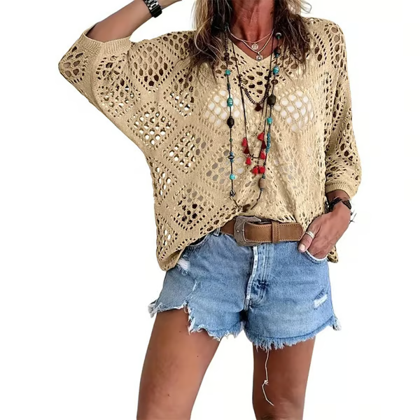 ⏰Hot Sale-Womens -Inspired Beige Crochet Top with V-Neck