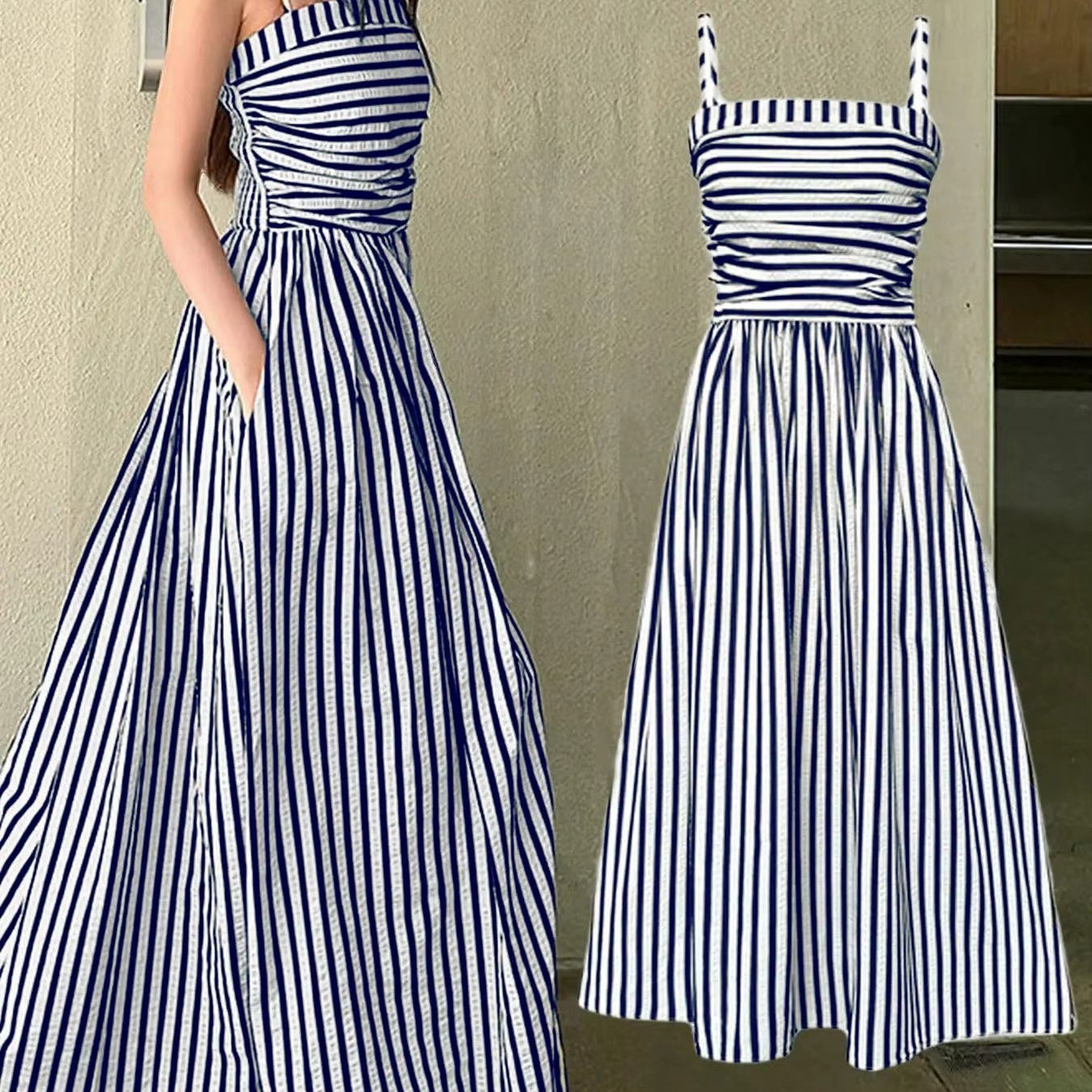 aurmuse™ Serene Striped Maxi Dress - Coastal Ruched Camisole Gown 🏖️