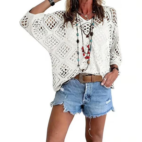 ⏰Hot Sale-Womens -Inspired Beige Crochet Top with V-Neck
