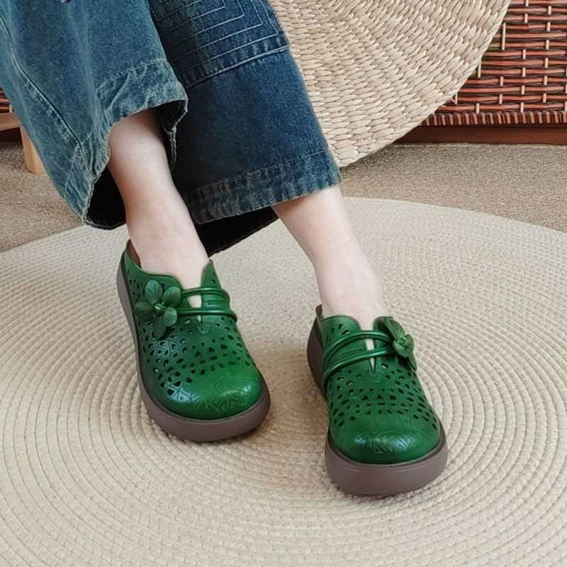 Women's Hollow Leather Wide Toe Box Wedge Sandals
