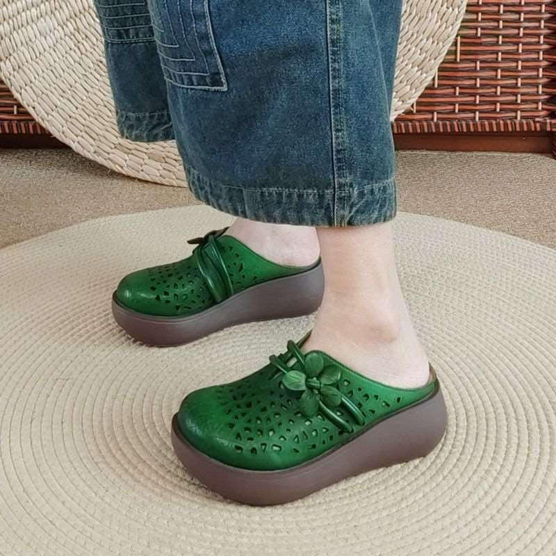 Women's Hollow Leather Wide Toe Box Wedge Sandals