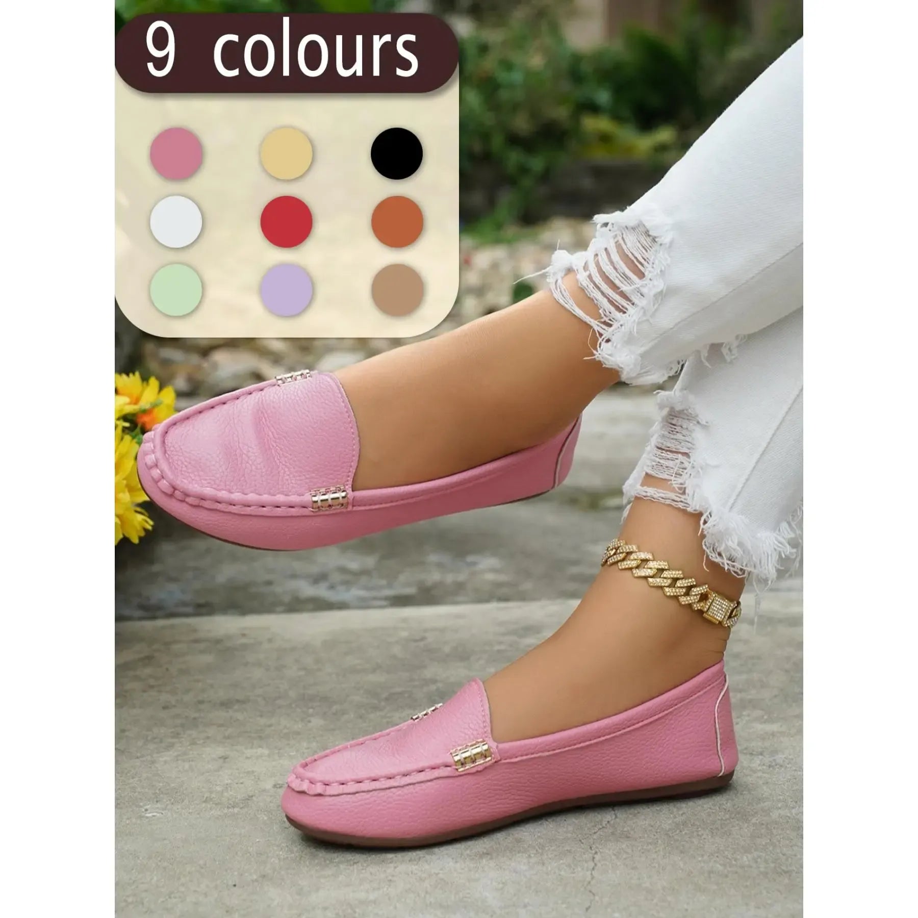 Women's Classic Multicolor Flat Shoes, Stylish Comfortable Casual Footwear, Slip On Flats, Advanced Chic Design with Slanted Metallic Chain Decoration