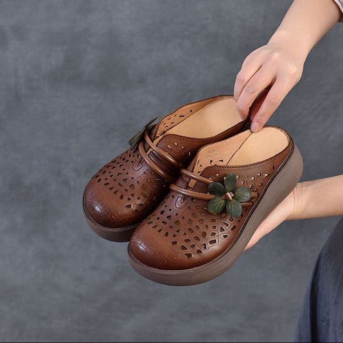 Women's Hollow Leather Wide Toe Box Wedge Sandals