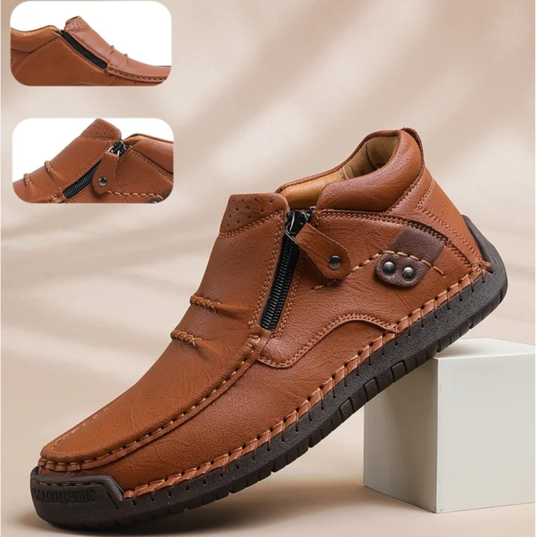 ⏰Limited Time Sale 50% OFF-Men’s Handmade Premium Leather Slip-On Driving Boots – Wide Toe, Arch Support