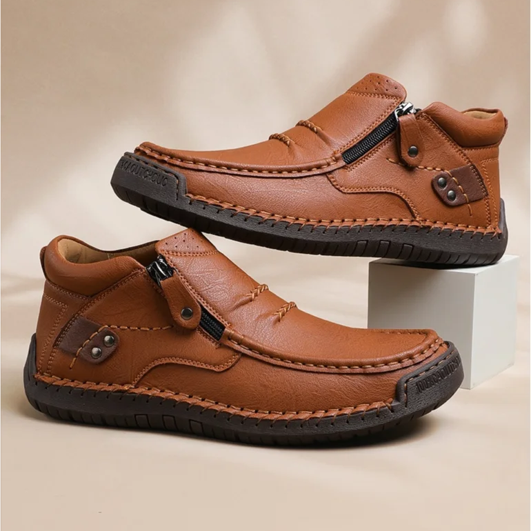 ⏰Limited Time Sale 50% OFF-Men’s Handmade Premium Leather Slip-On Driving Boots – Wide Toe, Arch Support