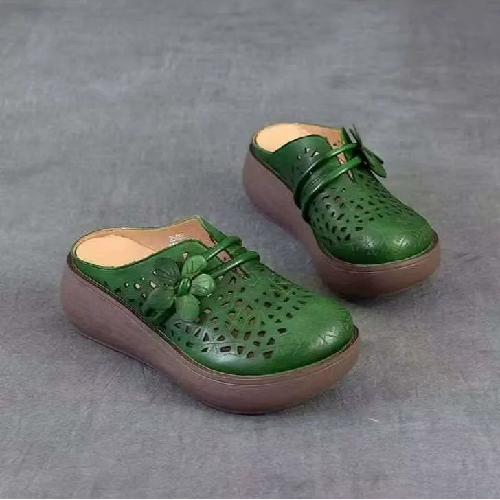 Women's Hollow Leather Wide Toe Box Wedge Sandals